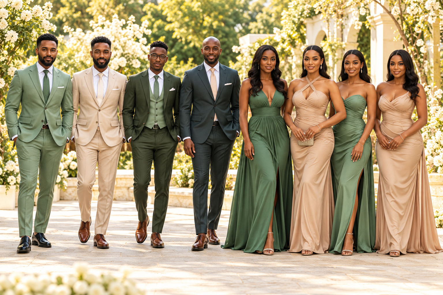 Illustrative formal outfit guide: sage and nude suits and floor-length gowns