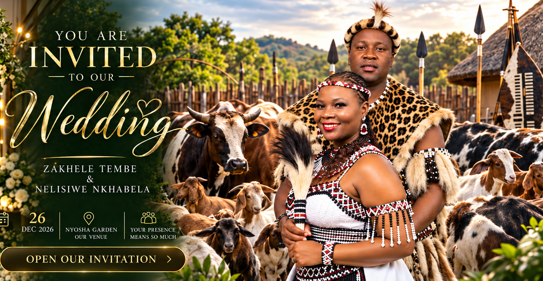 You are invited to the wedding of Zakhele Tembe and Nelisiwe Nkhabela, 26 December 2026, Nyosha Garden. The couple in traditional attire with cattle and goats.