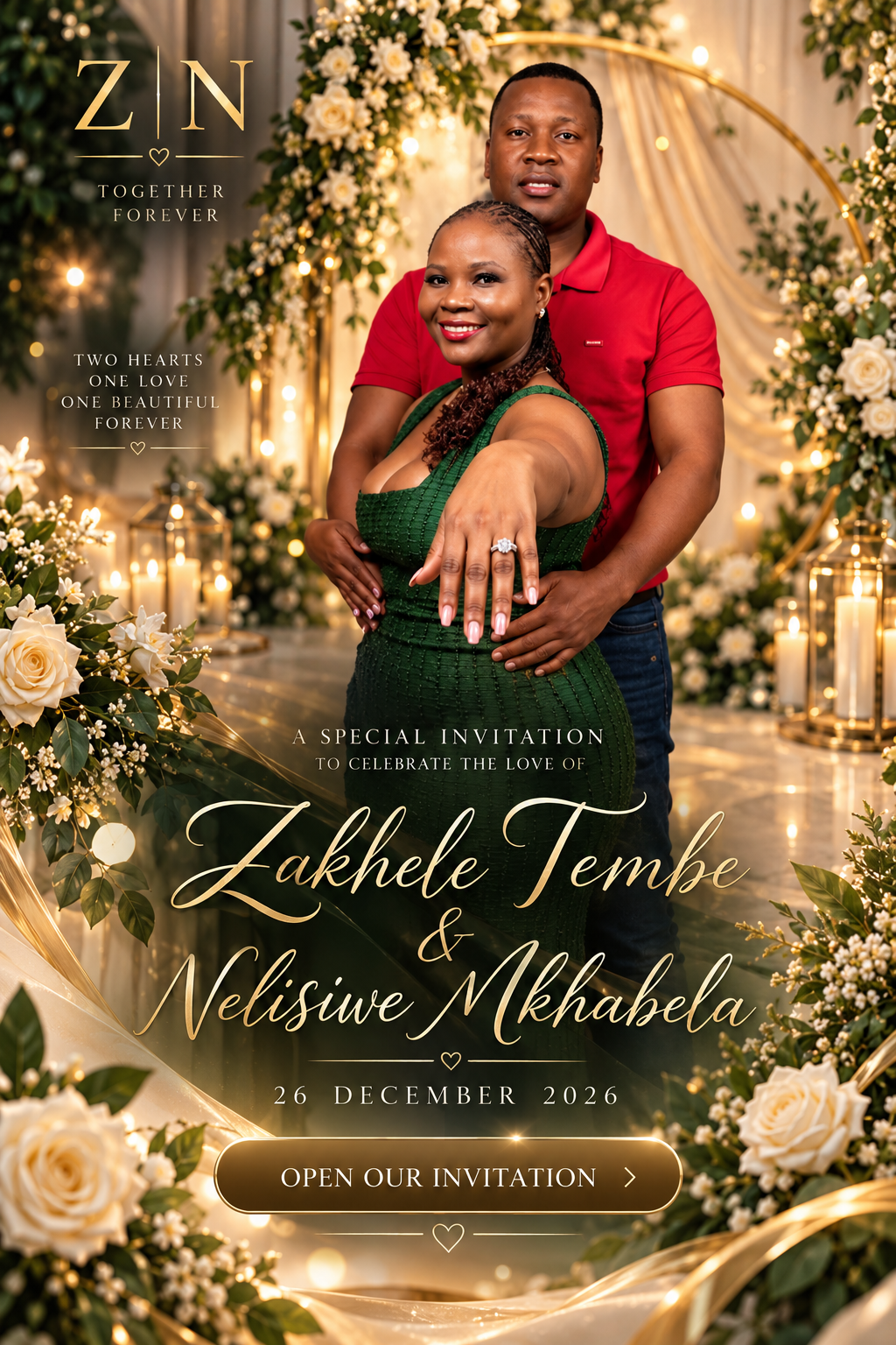 Wedding invitation for Zakhele Tembe and Nelisiwe Nkhabela, 26 December 2026