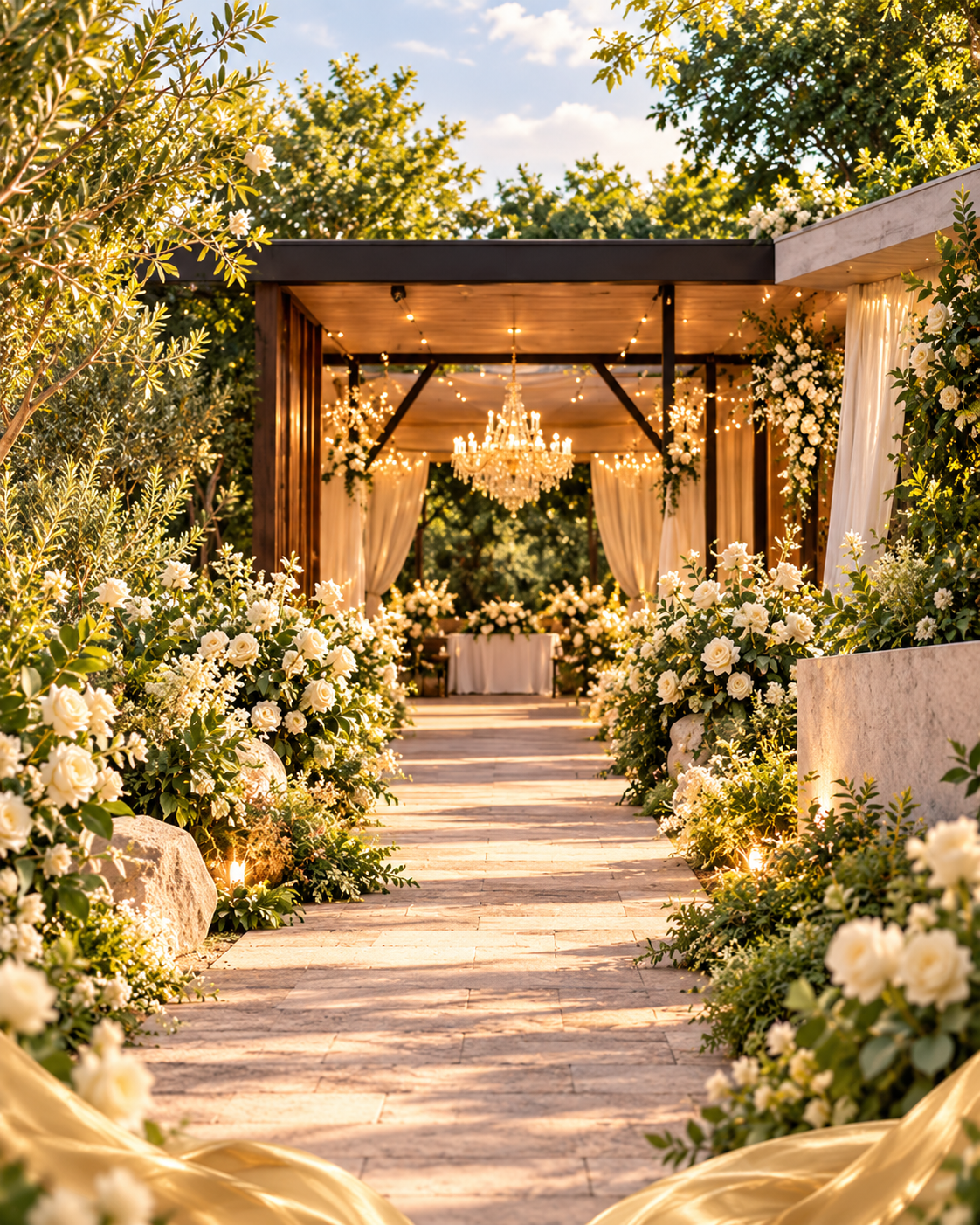 Illustrative garden wedding entrance with white flowers and warm chandeliers